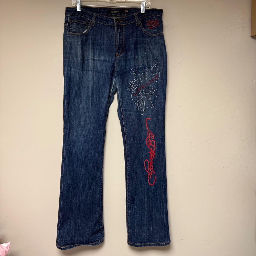 Ed Hardy Womens Jeans Size 17/18 Embellished Tiger Eagle Graphic Bootcut Denim